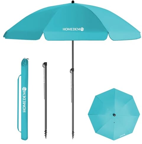 HOMEDEMO Sonnenschirm Strandschirm, Ø160cm Türkis rund Gartenschirm Marktschirm, Terrassenschirm mit Bodenhülse & Schutzhülle & Drehstange, UV50+ Schutz Sonnenschutzschirm 30° knickbar Windfest Stabil