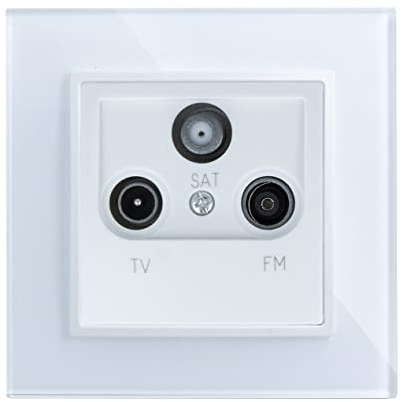 LINA Lichtschalter Steckdosen mit Glasrahmen Komplettset für Unterputzdose UP Schuko Wandschalter Wechselschalter Dimmer (LINA TV/SAT/Radio Dose weiß mit Glasrahmen H1-D63TFS)
