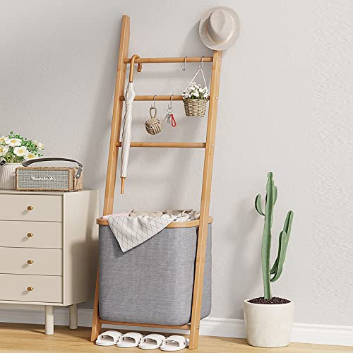 ZHUMUJIAJU Blanket Ladder with Basket, Bamboo Towel Rack with Storage Hamper Basket, Wall Leaning Decorative Ladder Shelf, Drying Display Blanket Holder Rack for Bathroom Living Room (Grey)