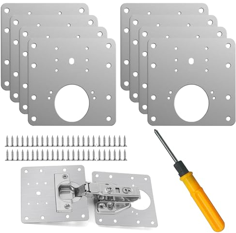 Jiaxitek 8 Pcs Stainless Steel Cabinet Hinge Repair Plate Kit with Screws and Mounting Tools for Wooden Kitchen Cabinets and Doors