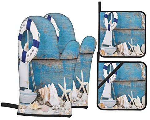 Ofenhandschuhe und Topflappen, 4er-Set, nautischer Rettungsring auf altem blauem Holz, Rettungsring im Marinestil, Boot, e, Muscheln, Ofenhandschuhe, hitzebeständiges Ofenhandschuh-Set, Topfla