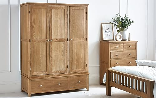 Julian Bowen Mallory 3-türiger Kleiderschrank, Eiche, 190 x 142 x 55 | Moderner Doppelschrank, Kleiderstange und Regal, Aufbewahrungsschrank für Schlafzimmer