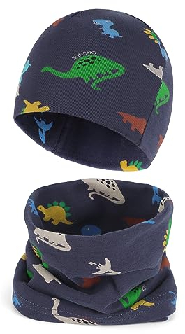 Cheerful Mario Baumwolle Mütze Loop Schal Sets Baby Jungen Mädchen Weich Beanie Winddicht Schlauchschal Kinder Dinosaurier Grau 3-7 Jahre