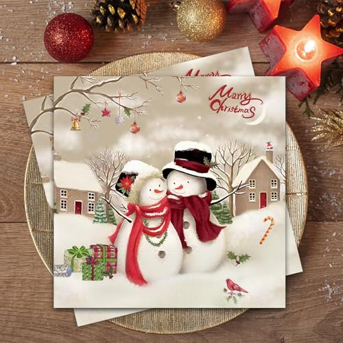 Wentsent 80Stück Weihnachten Servietten, Merry Christmas Servietten, Schneemann Pärchen Papierserviette,Weihnachtliche Tischdekoration, Weihnachtsbaum Winter Paper Napkins, 3-lagig Xmas Servitten