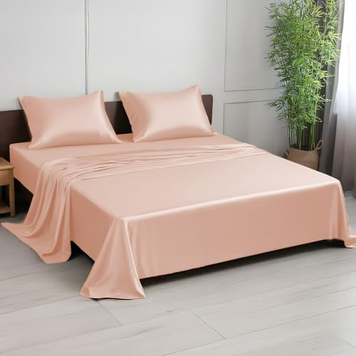 LINENWALAS Bettwäsche-Set für kleines Doppelbett, Fadenzahl 300, 100 % Bambus, kühlendes Satin-Seiden-Bettlaken-Set mit 1 Spannbetttuch, 1 Bettlaken und 1 Kissenbezug