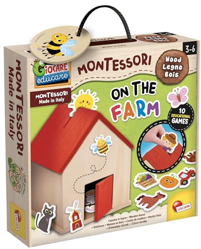 Lisciani - Montessori Baby Wood - Der Bauernhof - Bildungsspiel für Kinder ab 9 Monaten - 3D-Holzhäuser und Bauernhoftiere - Entwickelt Tastsinn und Logik - Hergestellt in Italien