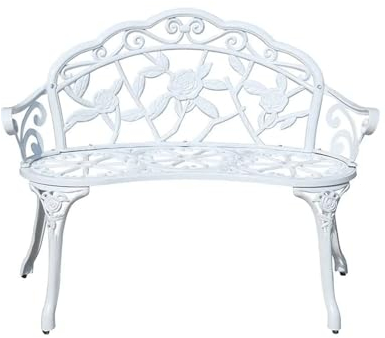 MMOU Gartenbank Metall Parkbank Wetterfest Sitzbank Mit Rückenlehne Armlehne Eisenbank Ruhebank Retro-Stil Gartenmöbel Stahl Gusseisen Bank Für Garten Park Balkon, Weiß