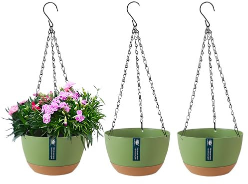 YuanDiann 3er Pack Hängende Blumentöpfe mit abnehmbarem Tablett, Selbstabsorbierende Hängepflanze Blumentopfkorb aus Kunststoff Außen Innen Blumenampel Haus Garten Balkon Dekoration Fruchtgrün 24.5cm