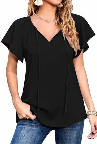 Neineiwu Oberteil Damen elegant Blumendruck V-Ausschnitt Kurzarm Shirts Lose Drawstring Damenblusen blusenrock Fashion Made in Italy blusen Damen elegant festlich Fashion Damen,Black,L