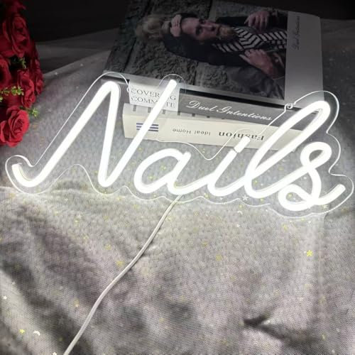 HFHungkeong Nails Neon Sign Neon Light Up Signs for Beauty Room Wall Decor,Nails Salon Neon Sign Dimmable Neon Light for Wall Decor Powered by USB, White