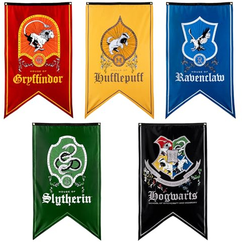 Conquest Journals Harry Potter 76,2 x 127,7 cm Wizarding House Flaggen, Set mit 5 Bannern, 300D Oxford-Tuch, Banner für Geburtstagsfeiern, Partyzubehör, Wohnheim-Dekorationen, Wanddekoration,