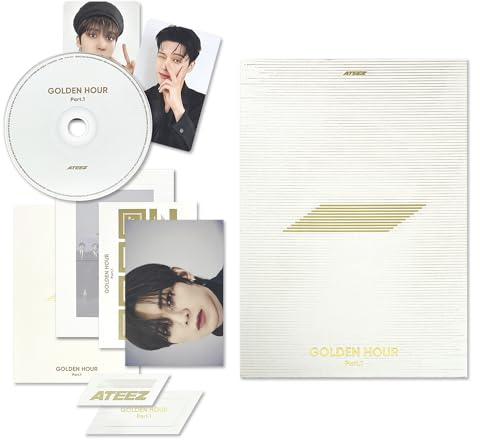 ATEEZ - [GOLDEN HOUR : Part.1] (DIARY Ver.) Invitation + Photo Frame + Postcard Set + Envelope + Photobook + Postcard + Photocard + Sticker + Bookmark + Disc + 2 Pin Badges + 4 Extra Photocards