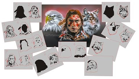 AS-388 Indianer Set Step by Step Schablone für Acryl, Airbrush, Spray, Lacke und Wandfarbe Größe M
