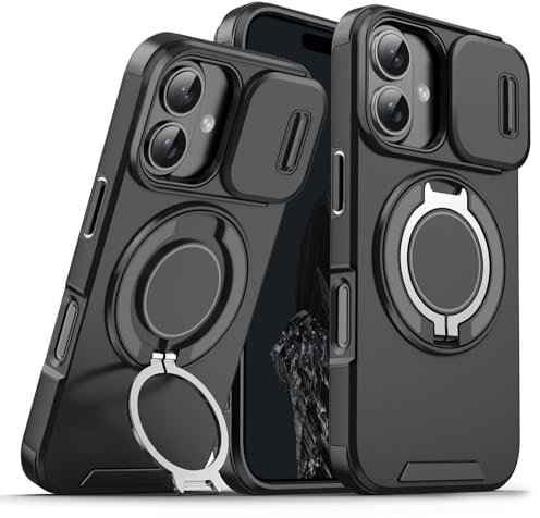 BAFUGU Funda Magnética para iPhone 16 protección de la Cubierta de la cámara Deslizante, Compatible con MagSafe, Soporte de Anillo de 360 Grados,Funda de teléfono a Prueba de caídas-Negro