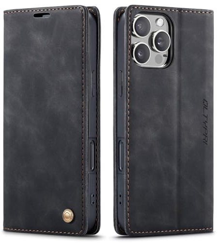 QLTYPRI Case for iPhone 16 Pro 6.3 inch, Vintage PU Leather Wallet Case Card Slot Kickstand Magnetic Closure Shockproof Flip Folio Book Case Cover for iPhone 16 Pro - Black