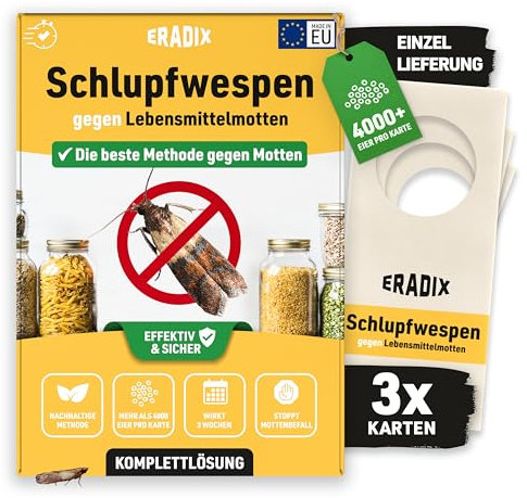 ERADIX Schlupfwespen gegen Lebensmittelmotten - 3 Karten à 1 Lieferung - Effektive Lebensmittelmotten Falle - Alternative zur Mottenfalle, Mottenspray, Schlupfwespen Lebensmittelmotten