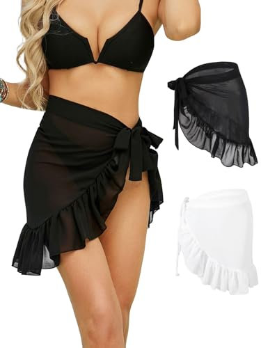 Monbessi 2 Stück Pareo Damen Strand Chiffon Durchscheinend Strandtuch Sarong Tuch Damen Strandrock Schnürschuh(Schwarz Kurz + Weiß Kurz)