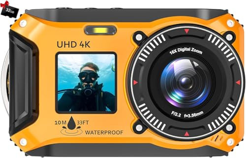 Digitalkamera, Yixinxin 4K 56MP 33FT UHD Unterwasserkamera zum Schnorcheln mit 32GB Karte Dual-Screen Kompakte wasserdichte staubdichte schwimmfähige Kamera Autofokus Digitalkamera wasserdicht 1500mAh