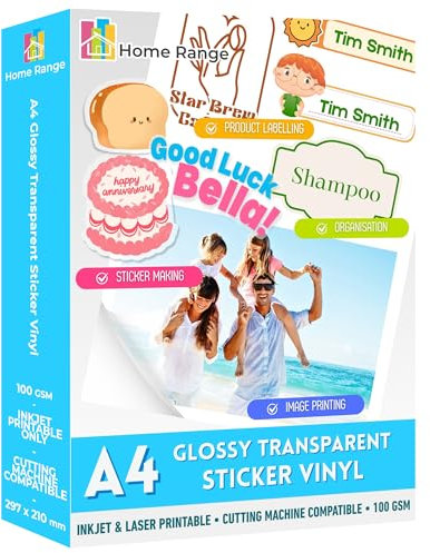 Home Range 10 fogli A4 di carta adesiva trasparente lucida in vinile, autoadesiva, stampabile a getto d'inchiostro, etichette personalizzate fai da te per artigianato, imballaggio, etichette per