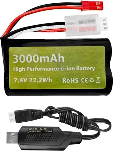 YUNIQUE GREEN-CLEAN-POWER 7.4V 3000mAh 15C 2S Li-Ion Akku mit JST 2P Stecker USB Ladekabel für UDIRC UD1601 UD1602 SG1603 RC Auto 1/10 1/12 1/16 Truck RC Boot Drohne