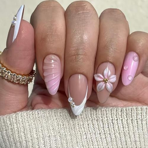 24Pcs Short Almond False Nails Pink - 3D Flower Fake Nails French Tip Press On Nails Almond - Glossy Summer Stiletto Stick on nails with Glue - Medium Length Acrylic for Women