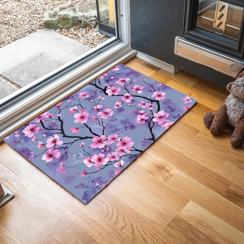 MLSOWM Fußmatte Aquarell Kirschblüten 60 x 120 cm Innen und Außen, Japanisches Ukiyo-E Waschbar Fussmatt, Rutschfester Türmatte, Schmutzfänger Teppich für Eingang, Haustür, Patio, Flur, Garten - Lila