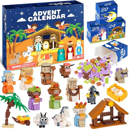 Weihnachtskrippen-Adventskalender 2025, 24 Tage Krippenszenen-Set, Weihnachtsüberraschungen Geschenk, christliches religiöses Blöcke-Set, Countdown-Kalender Strumpffüller Spielzeug für Erwachsene und
