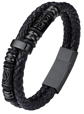 Bestyle Lederarmband Herren Armband Leder: Wikinger Armbänder Herren Schwarz mit Edelstahl Magnet Verschluss - 25cm Länge Personalisiert Flechtarmband Armkette Geschenke Schmuck für Männer