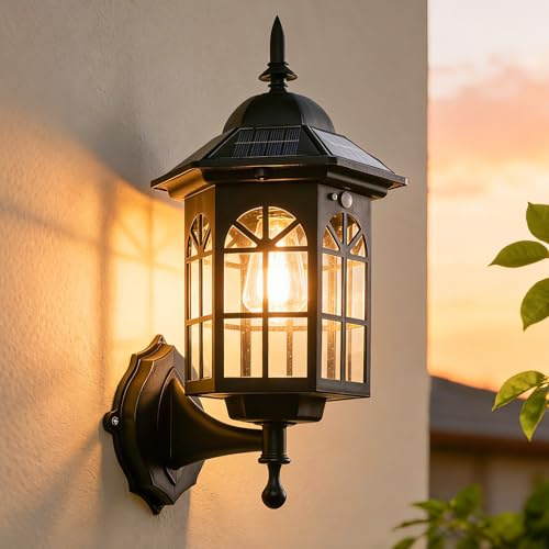 Yaolon Solar Wall Light Outdoor with Motion Sensor, 3 Smart Modes, IP65 Waterproof, Vintage Solar Lantern for Garden Patio Garage Yard