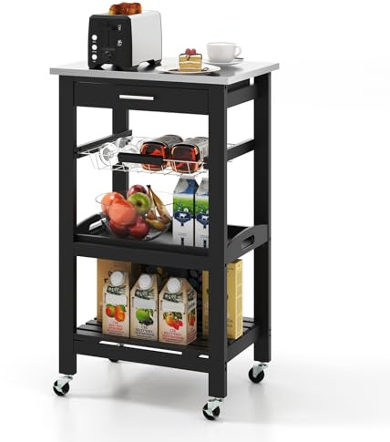 COSTWAY Kleiner Küchenwagen, Servierwagen auf Rollen, Küchenregal mit Arbeitsplatte aus Edelstahl, Schublade & Korb, Rollwagen Küche, Kücheninsel Küchentrolley, 47 x 39 x 85 cm (Schwarz)