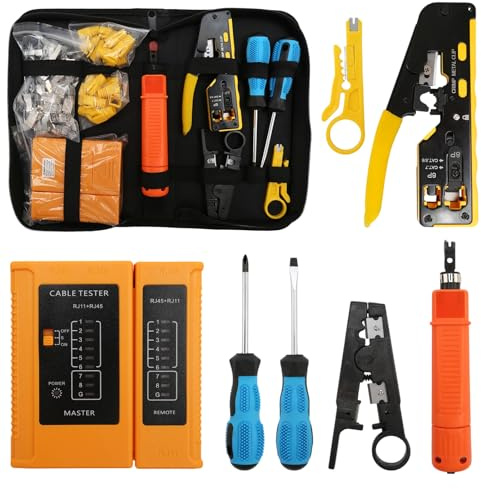 RJ45 Crimpzange mit Netzwerktester, Profi Netzwerk Werkzeug Set, CRJ45 Crimpzange mit LAN Tester für CAT7/CAT6/CAT5, Komplettes Reparatur Kit für Heimnetzwerk & Büroverkabelung