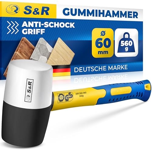 S&R Gummihammer Pflasterhammer Schwarz/Weiß 560g Profi Naturkautschuk, Fiberglasstiel rutschfest stoßdämpfend ⌀ 60mm, Schonhammer Pflastersteine, Fliesen Klinker Camping, GS geprüft Vollgummihammer