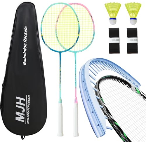 MANJHONG Badminton Federball Set mit 2 Graphit Schläger, Kratzfestes Design | Graphit Badminton Set für Erwachsene, Built-in T-Verbindung, Hochwertige Lackierung, inkl. Federbälle, Griffband & Tasche