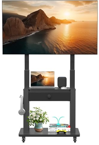 Support TV Roulant avec tiroir de Rangement en Tissu pour écran Plat/incurvé de 32-75 jusqu'à 100 kg LCD/LED/OLED Hauteur réglable Chariot TV Mobile avec Roues pour la Maison, Le Bureau et, Noir