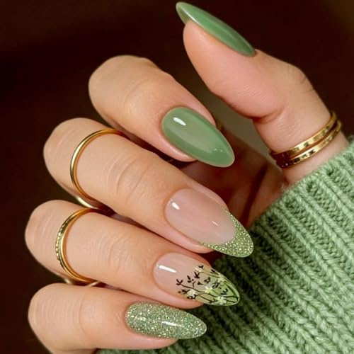 24pcs Elegant Gel Nail Green French Tip Flower Design,Nail Art Decoration Accessories,Full Cover Tips for Women & Girls, Long Lasting
