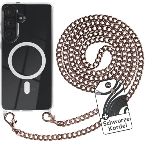 EAZY CASE - Handykette kompatibel mit Galaxy S26 Plus Kette zum Umhängen Stoßfest Handyhülle für Galaxy S26 Plus Silikon Hülle mit Band aus Metall Transparent als Fallschutz in Rosé-Gold