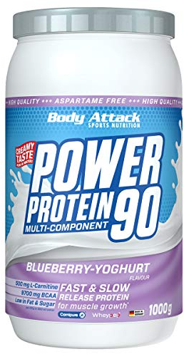 Body Attack POWER PROTEIN 90 - Blueberry Yoghurt - 1kg Dose - Mehrkomponenten Protein Pulver, Made in Germany - Mit BCAA, Vitaminen & L-Carnitin - Protein Shake extra cremiger Geschmack
