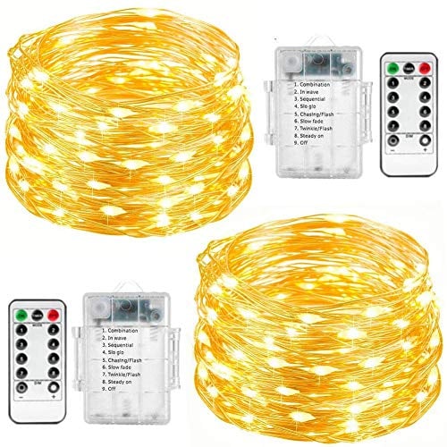FANSIR Fairy String Lights, 2 Set 33ft 100 Led Fairy Lights Battery Operated Silver Wire Lights with Remote Control, 8 Mode Waterproof Light for Garden Bedroom Centerpiece Wedding Party (Warm White)