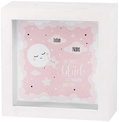 Striefchen® Spardose zur Geburt eines Kindes mit Namen und Geburtsdatum als Geldgeschenk Mond Rosa