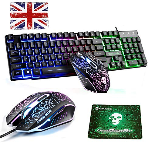 UK Layout Tastiera e Mouse con Filo Set T6 Arcobaleno retroilluminato USB ergonomico Multimedia Gaming Keyboard + dpi 6 Tasti Arcobaleno LED USB Gaming Mouse + Free Gaming Mouse per Misura Standard