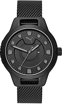 Puma Herrenuhr Reset, DreizeigerDatumswerk, 43 mm Gehäuse aus schwarzer Legierung mit Edelstahlarmband, P5007