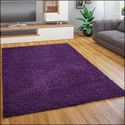 Paco Home Teppich Wohnzimmer Schlafzimmer Hochflor Shaggy Flokati Optik Einfarbiges Design Weich Flauschig Moderne Deko, Grösse:80x150 cm, Farbe:Lila