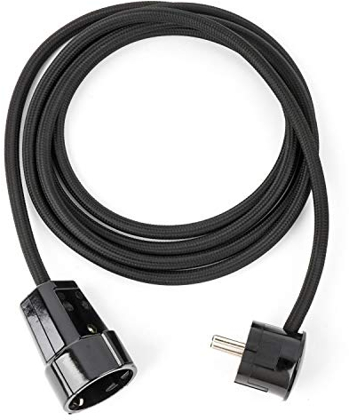 2.5m Textil Verlängerungskabel SCHWARZ, Textilkabel mit Schuko-Winkelstecker und Kupplung aus Duroplast (Bakelit Optik)