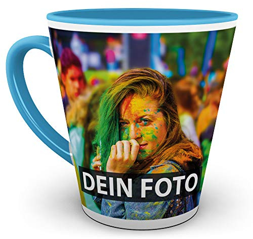 Tasse selbst individuell gestalten/Personalisierbar mit eigenem Foto Bedrucken/Fototasse/Motivtasse/Werbetasse/Firmentasse mit Logo/Konische Tasse Innen & Henkel Hellblau