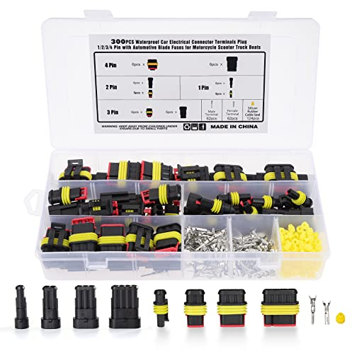 Hseamall Ensemble de 300 connecteurs électriques étanches pour voiture à 1/2/3/4 broches mâle/femelle avec fusibles à lame automobile