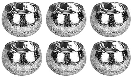 Lucenté Mercury Silver Crackled Glass Candle Tealight Holders - Set of 6-6cm (H) x 8.8cm (Dia)