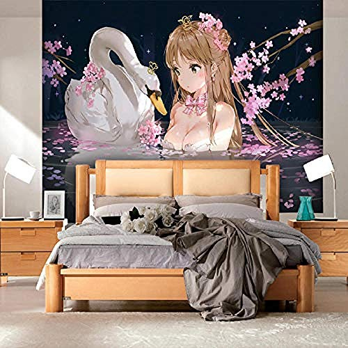 ZZXIAO Schwarzweiss-Schwan-Tapete 3D-Tapete Japanisches Anime-Mädchen-Wandbild rollt Sofa-TV-Hintergrundpol wandpapier fototapete 3d effekt tapete Wohnzimmer Schlafzimmer Hintergrundbild-200cm×140cm