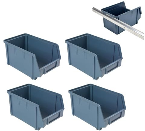 4 x Stapelbox Gr.3 + Metallschiene Sichtlagerkasten Set Wandhalterung Lager Stapel Box Sortiment Kasten Werkstatt