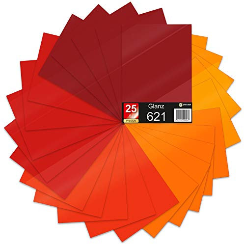 25 x Din A4 Bögen Plotterfolie 621/631 Selbstklebende Folie im Set Vinyl zum Plotten DIY Bastelfolie Sticker Beschriftung Aufkleber 29,7x21cm (Rottöne glanz, 25er Set)