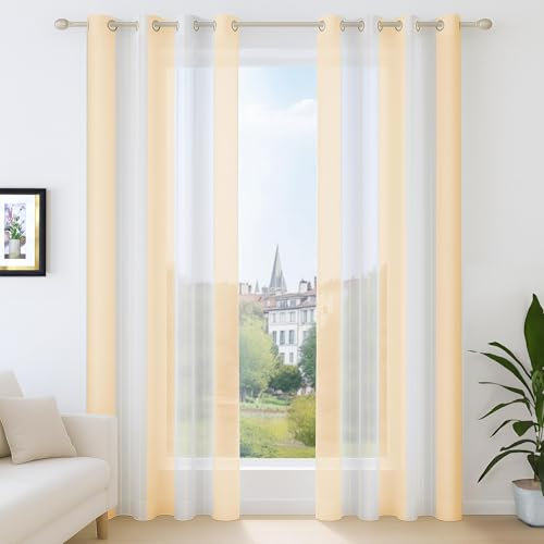 Deconovo Voile Vorhänge mit Ösen, Gardinen Wohnzimmer Modern, Vorhangschal Transparent Boho Streifenmuster, 175x140 cm(HöhexBreite), Creme, 2er Set
